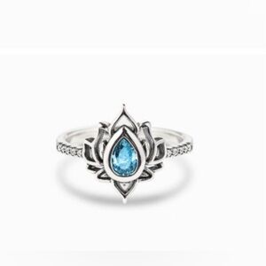 Size 8 - 925 Sterling Silver Lotus Ring with Blue Gem